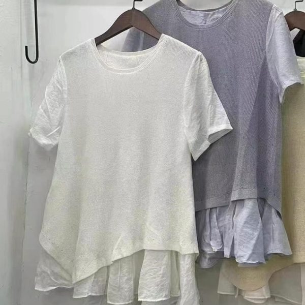 Patchwork Knit Short-Sleeve Sweater