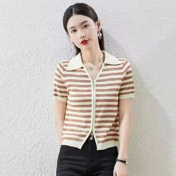 Zipper Polo Neck Short Sleeve Top