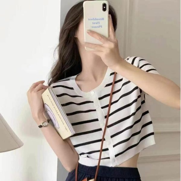 Short Striped Knit Cardigan