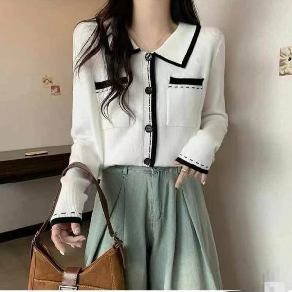 Chanel Style Polo Collar Knit Cardigan