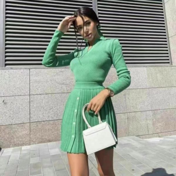 Polo long-sleeve top and pleated skirt set
