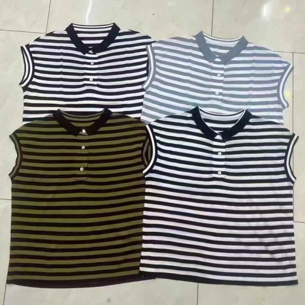 Summer Striped Polo Shirt Knit Top